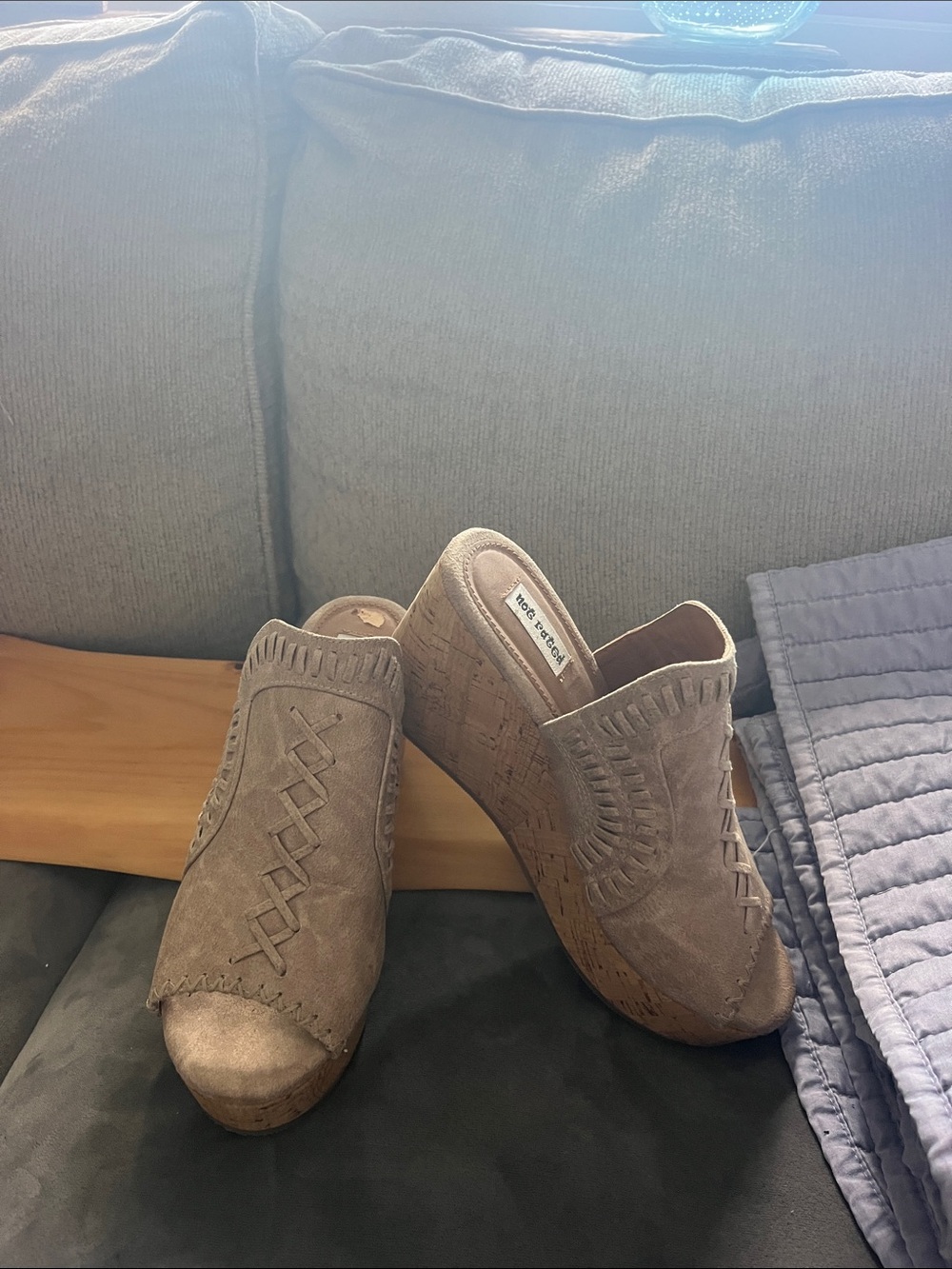 Not Rated Taupe Suede Peep-Toe Wedge Mules